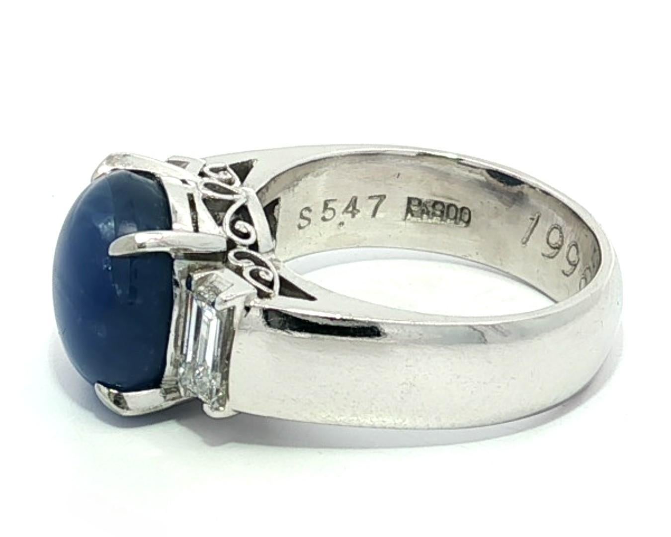 Vintage Platin Blauer Stern Saphir mit Baguette Diamant Akzente Eleganter Ring im Angebot 4