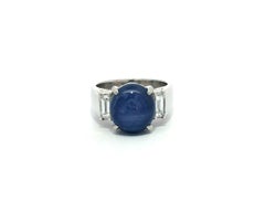 Vintage Platin Blauer Stern Saphir mit Baguette Diamant Akzente Eleganter Ring