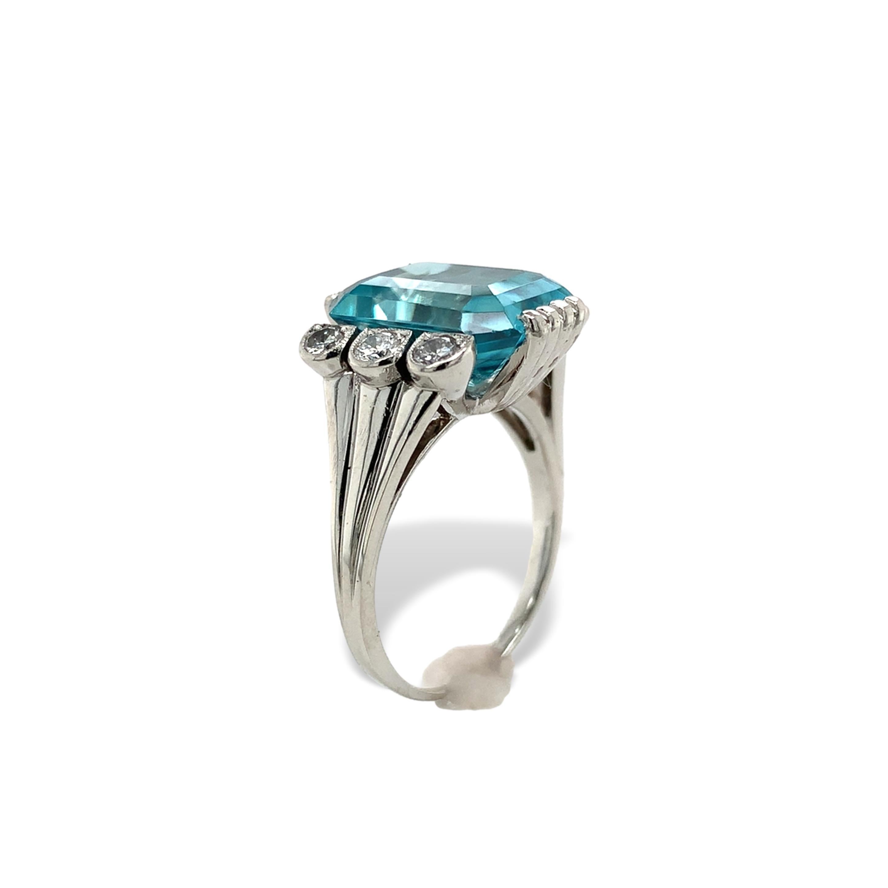 Emerald Cut Vintage Platinum Blue Zircon and Diamond Ring size 6.5
