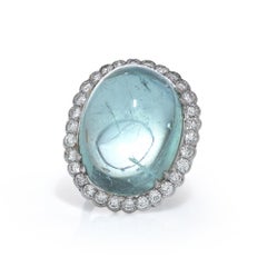Vintage Platinum Cabochon Aquamarine and Diamond Ring