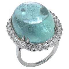 Vintage Platinum Cabochon Aquamarine and Diamond Ring