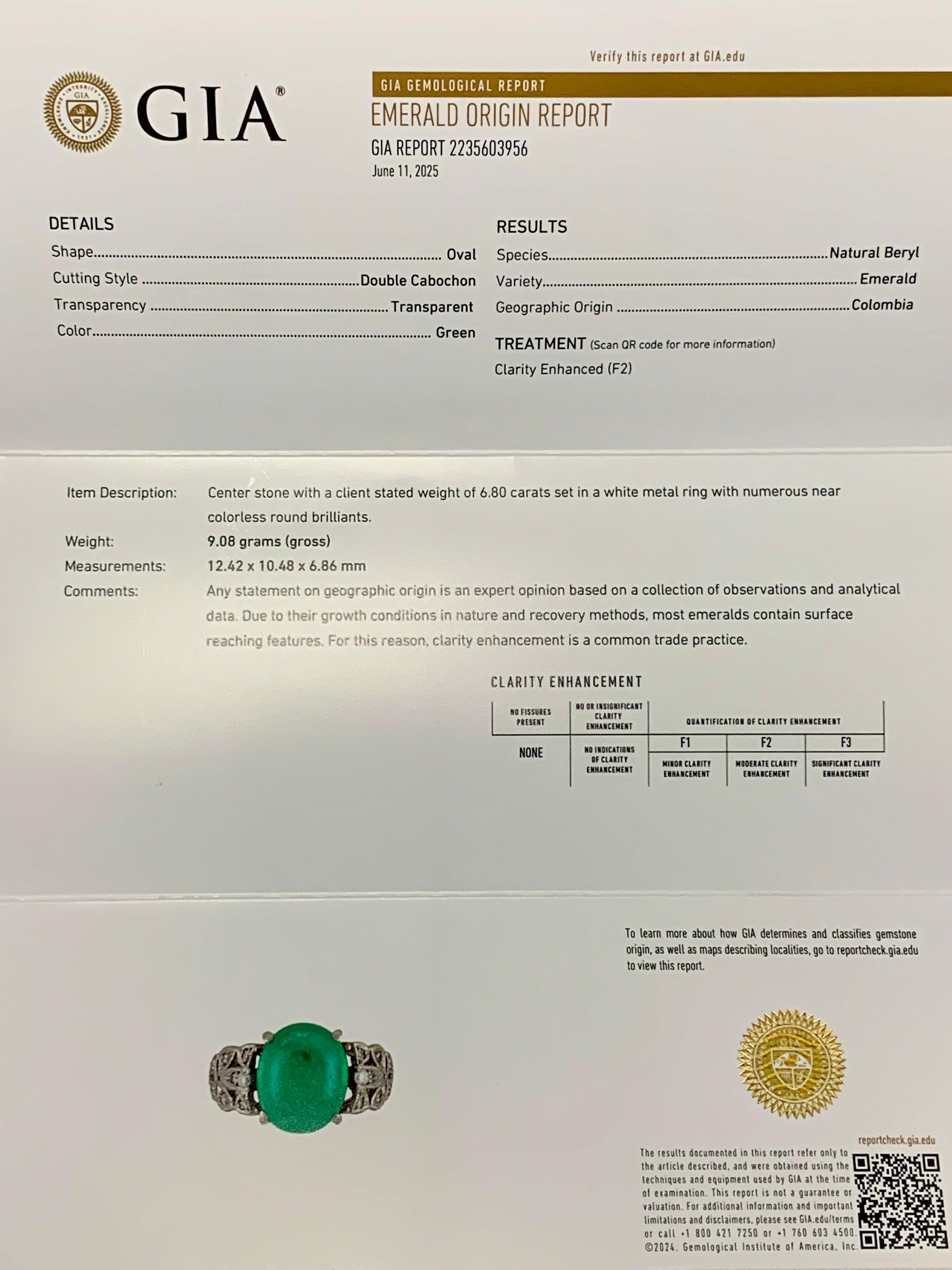 Vintage Platinum Cabochon Colombian Emerald Filigree Diamond Ring 6.96ctw GIA For Sale 5