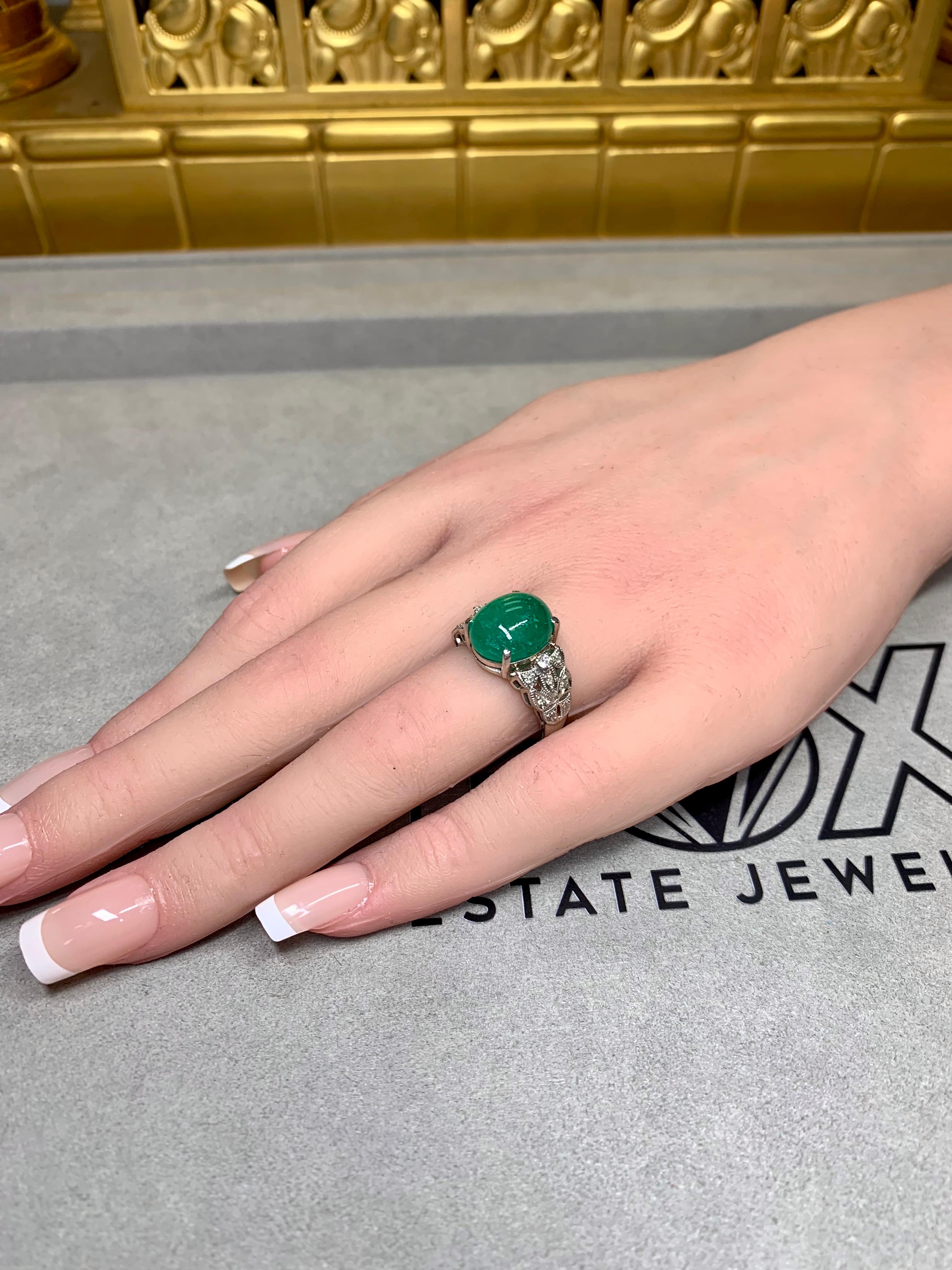 Vintage Platinum Cabochon Colombian Emerald Filigree Diamond Ring 6.96ctw GIA For Sale 2