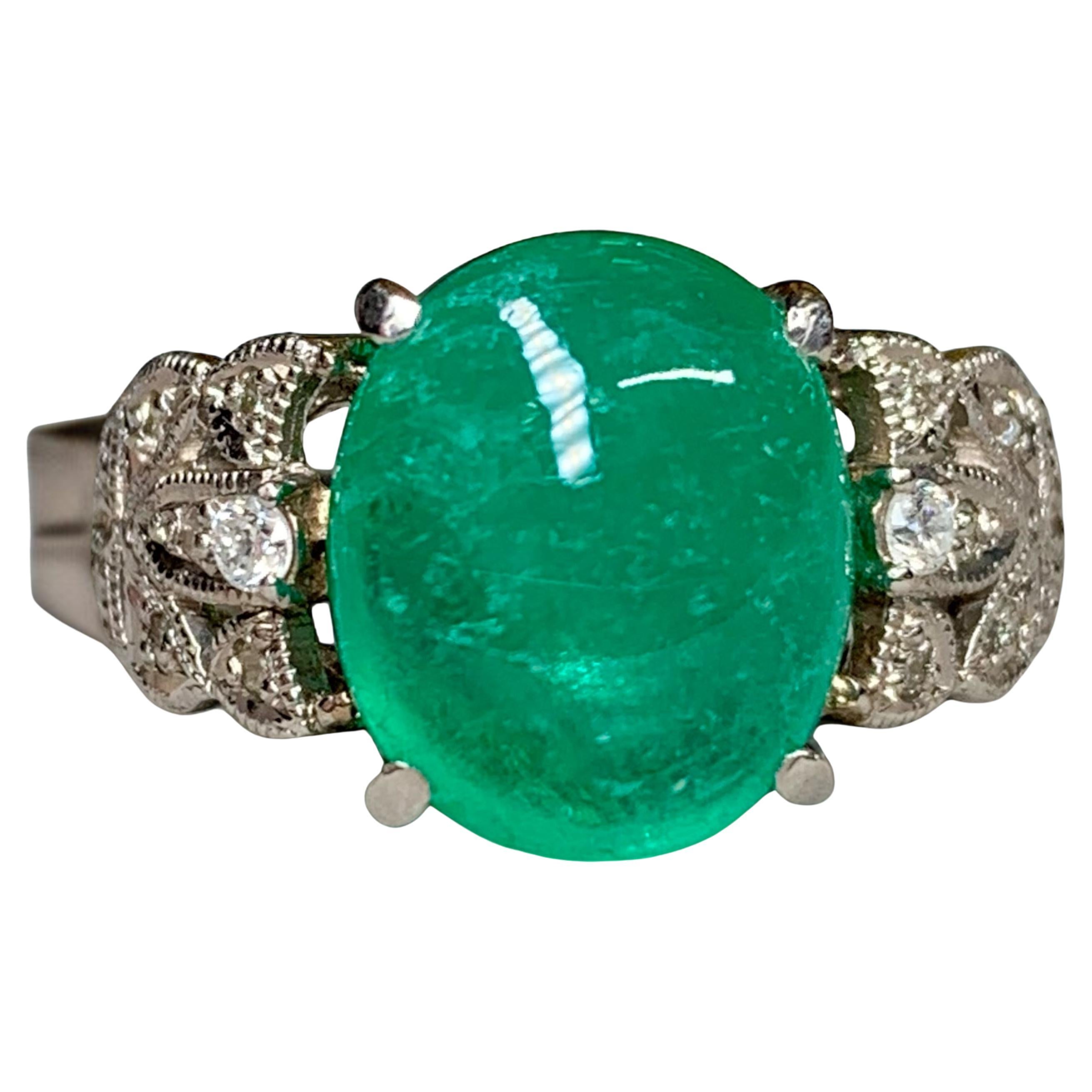 Vintage Platinum Cabochon Colombian Emerald Filigree Diamond Ring 6.96ctw GIA For Sale
