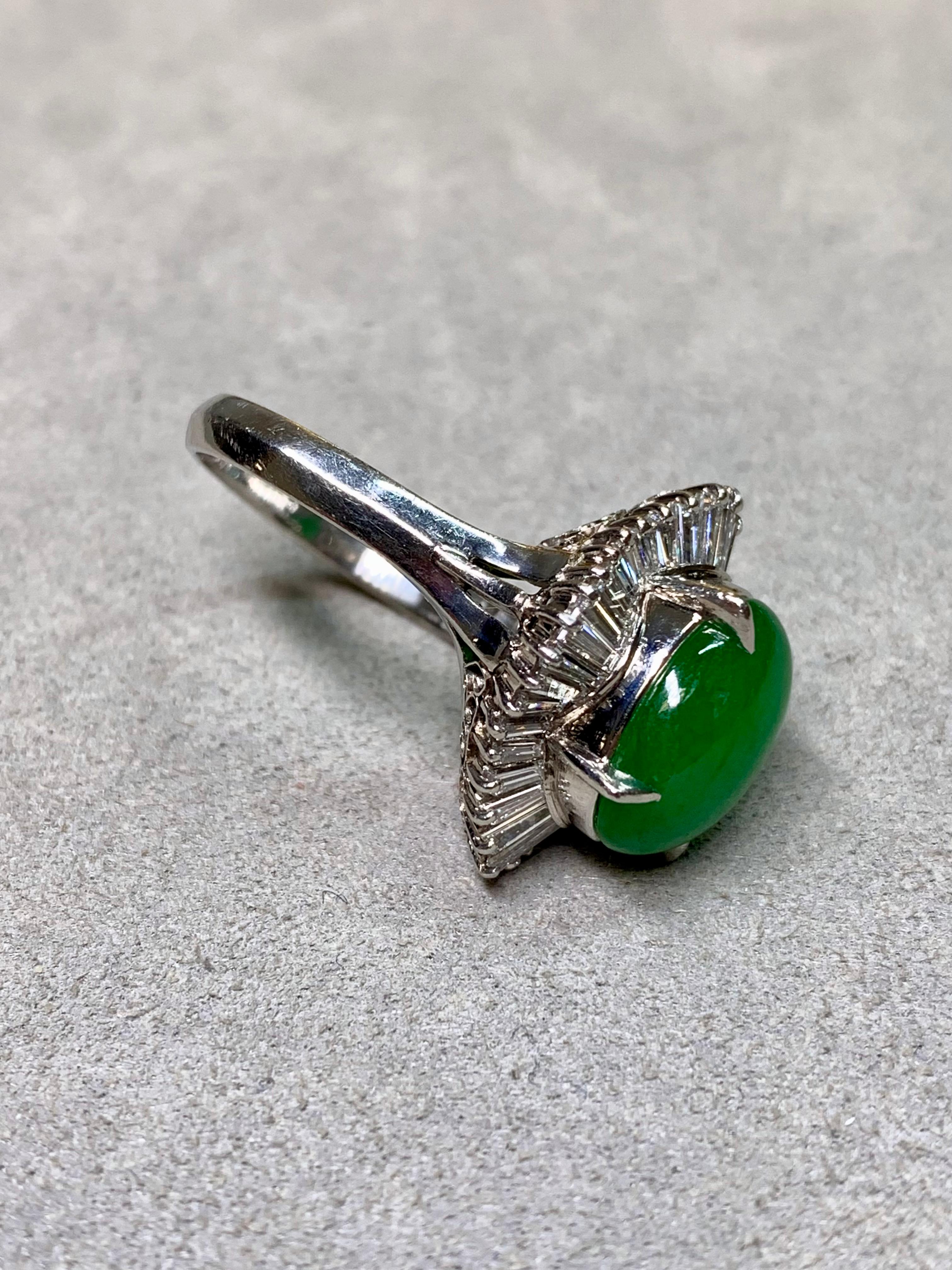 Retro Vintage Platinum Cabochon Jade Baguette Diamond Ballerina Cocktail Ring 9.12ctw For Sale