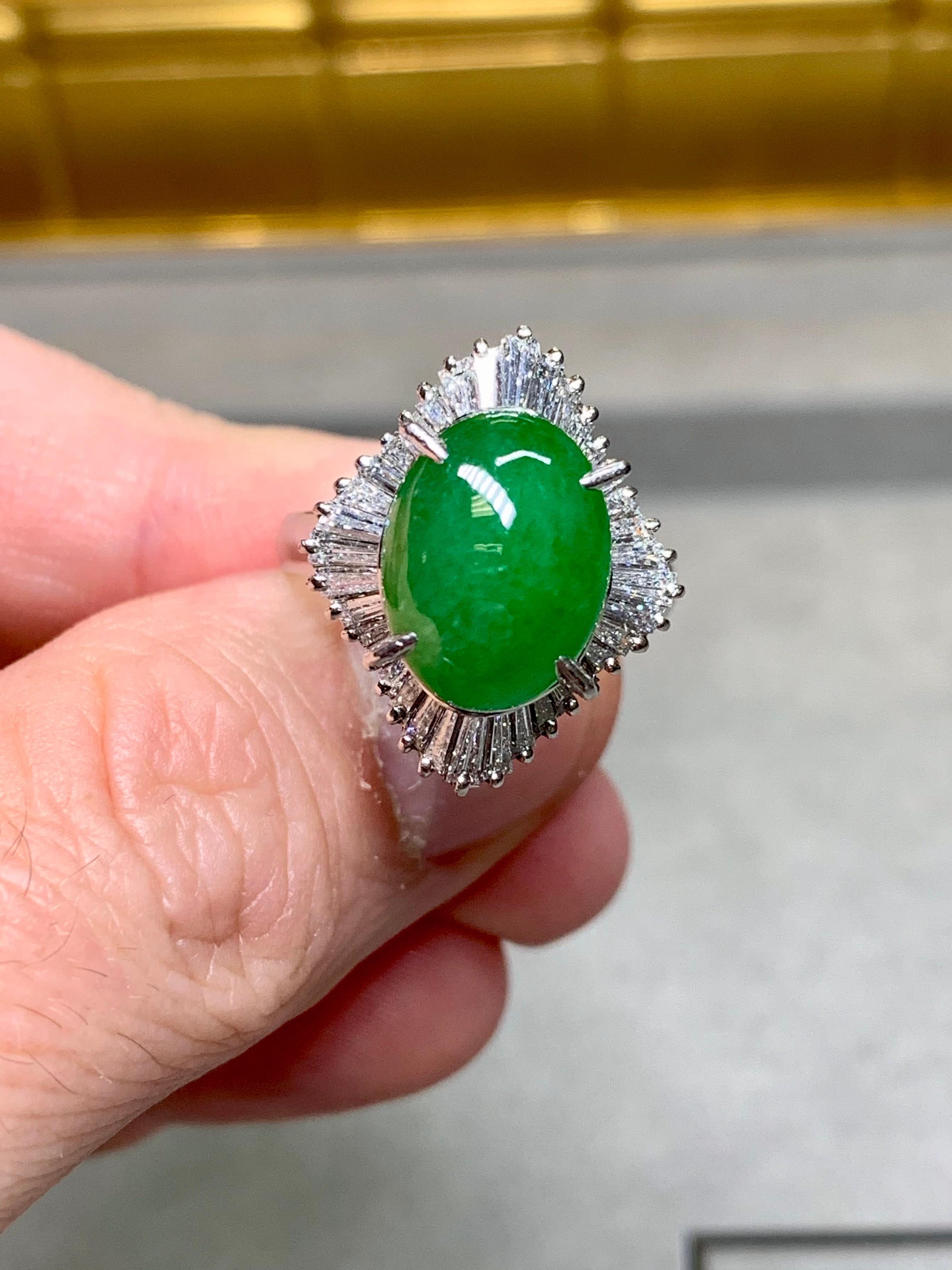 Women's or Men's Vintage Platinum Cabochon Jade Baguette Diamond Ballerina Cocktail Ring 9.12ctw For Sale