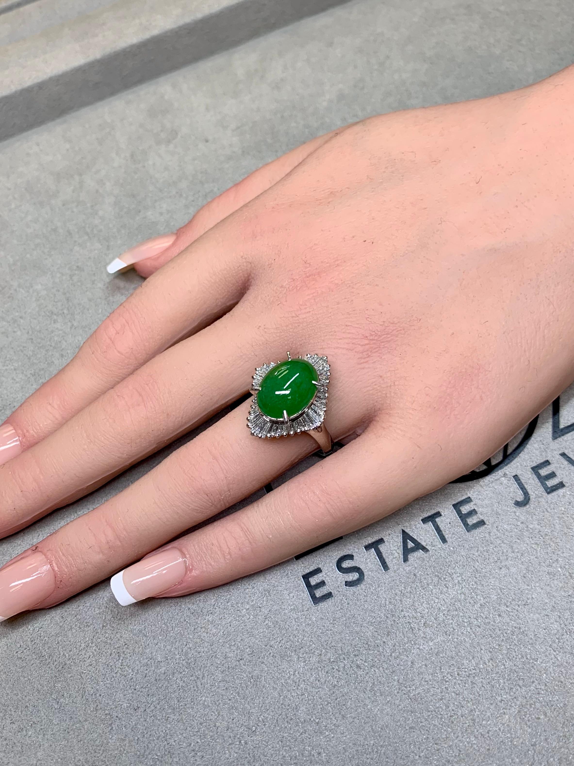 Vintage Platinum Cabochon Jade Baguette Diamond Ballerina Cocktail Ring 9.12ctw For Sale 1