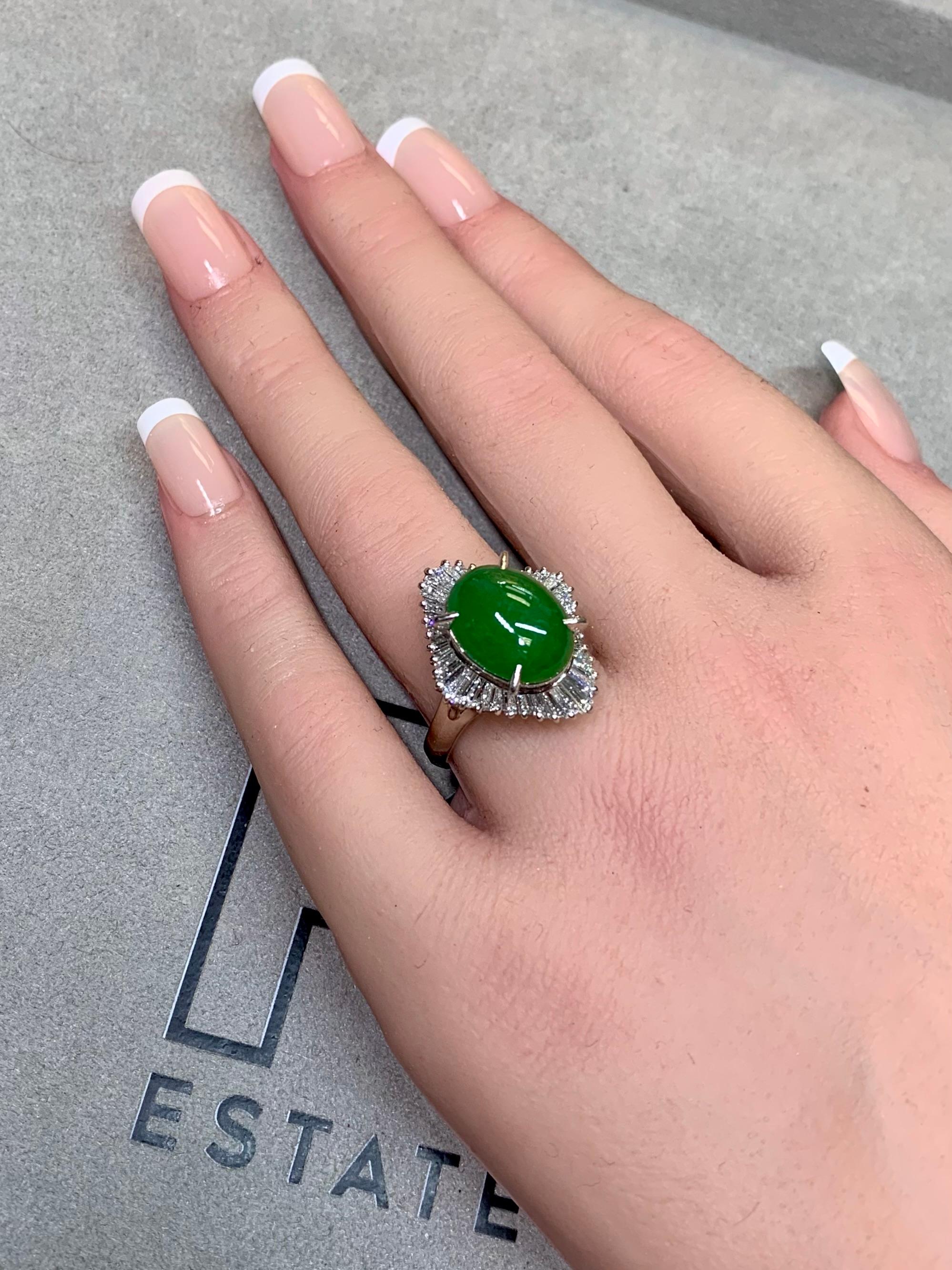 Vintage Platinum Cabochon Jade Baguette Diamond Ballerina Cocktail Ring 9.12ctw For Sale 2