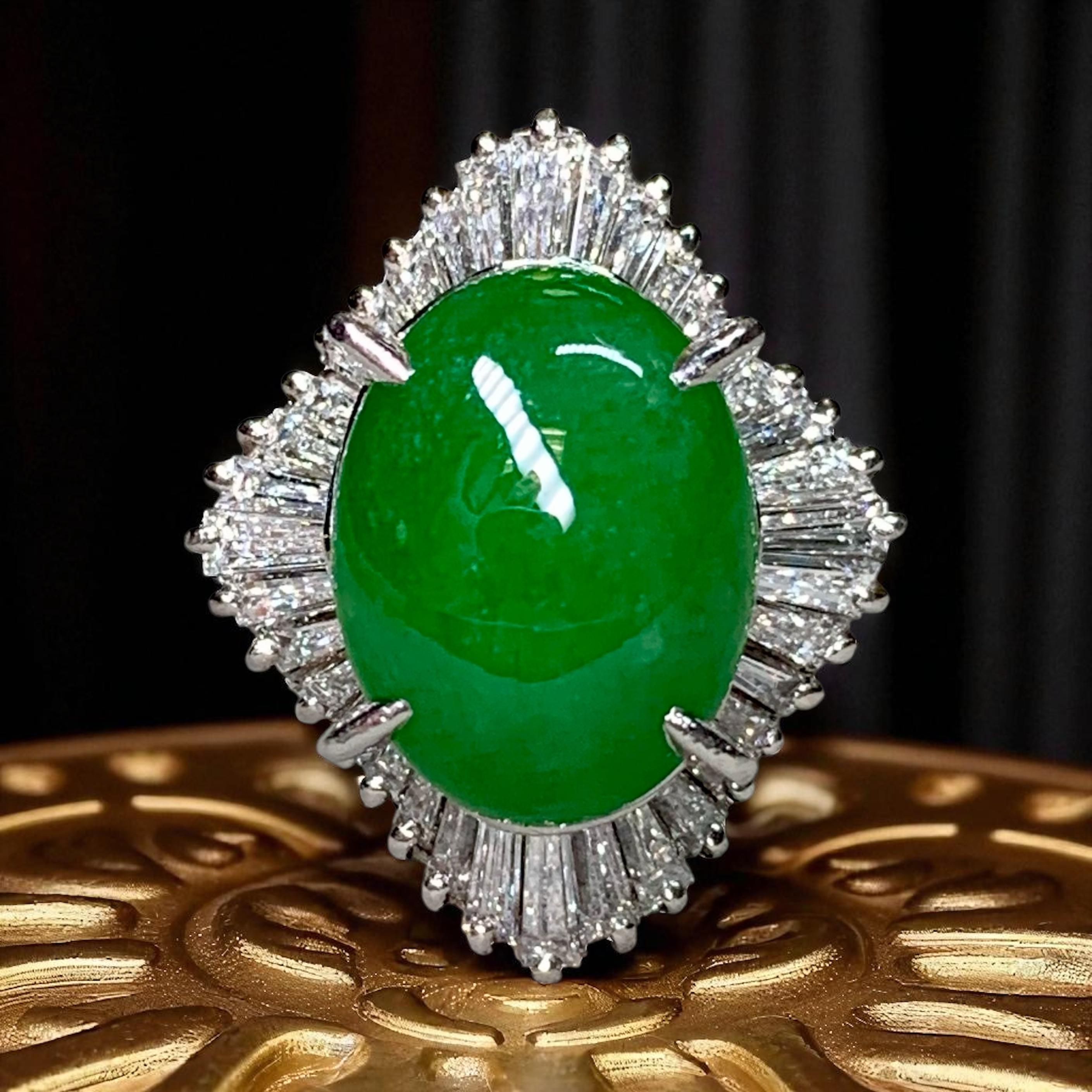 Vintage Platinum Cabochon Jade Baguette Diamond Ballerina Cocktail Ring 9.12ctw For Sale 3