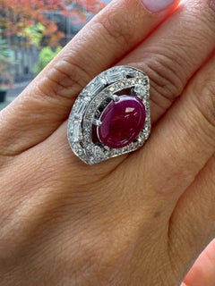 Vintage Platinum Cabochon Ruby & Diamond Ring
