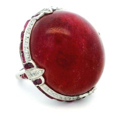 Vintage Platinum Cabochon Ruby, Ruby and Diamond Ring, 1970s
