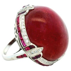Vintage Platinum Cabochon Ruby, Ruby and Diamond Ring, 1970s