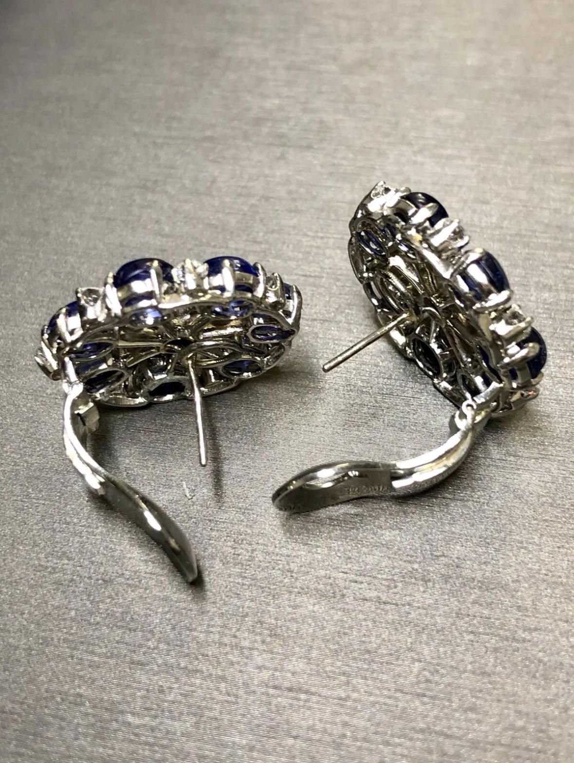 Vintage Platinum Cabochon Sapphire Round Diamond Huggie Earrings 17.80cttw  For Sale 4