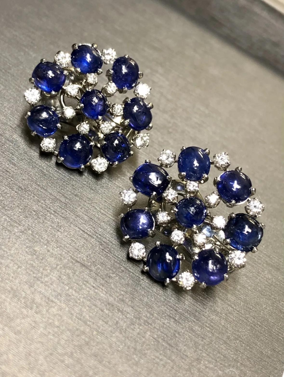 Vintage Platinum Cabochon Sapphire Round Diamond Huggie Earrings 17.80cttw  For Sale 1