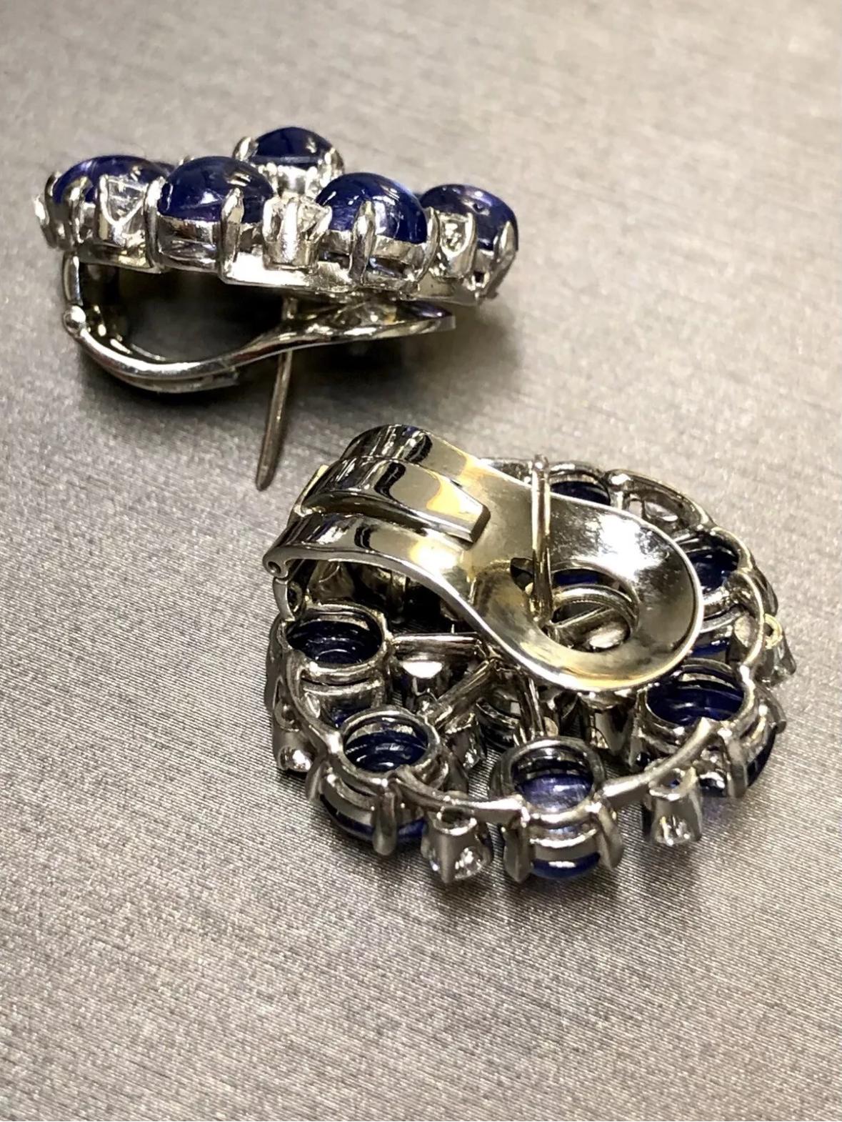 Vintage Platinum Cabochon Sapphire Round Diamond Huggie Earrings 17.80cttw  For Sale 3