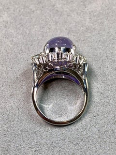 Vintage Platinum Cabochon Star Sapphire Baguette Round Diamond Cocktail Ring