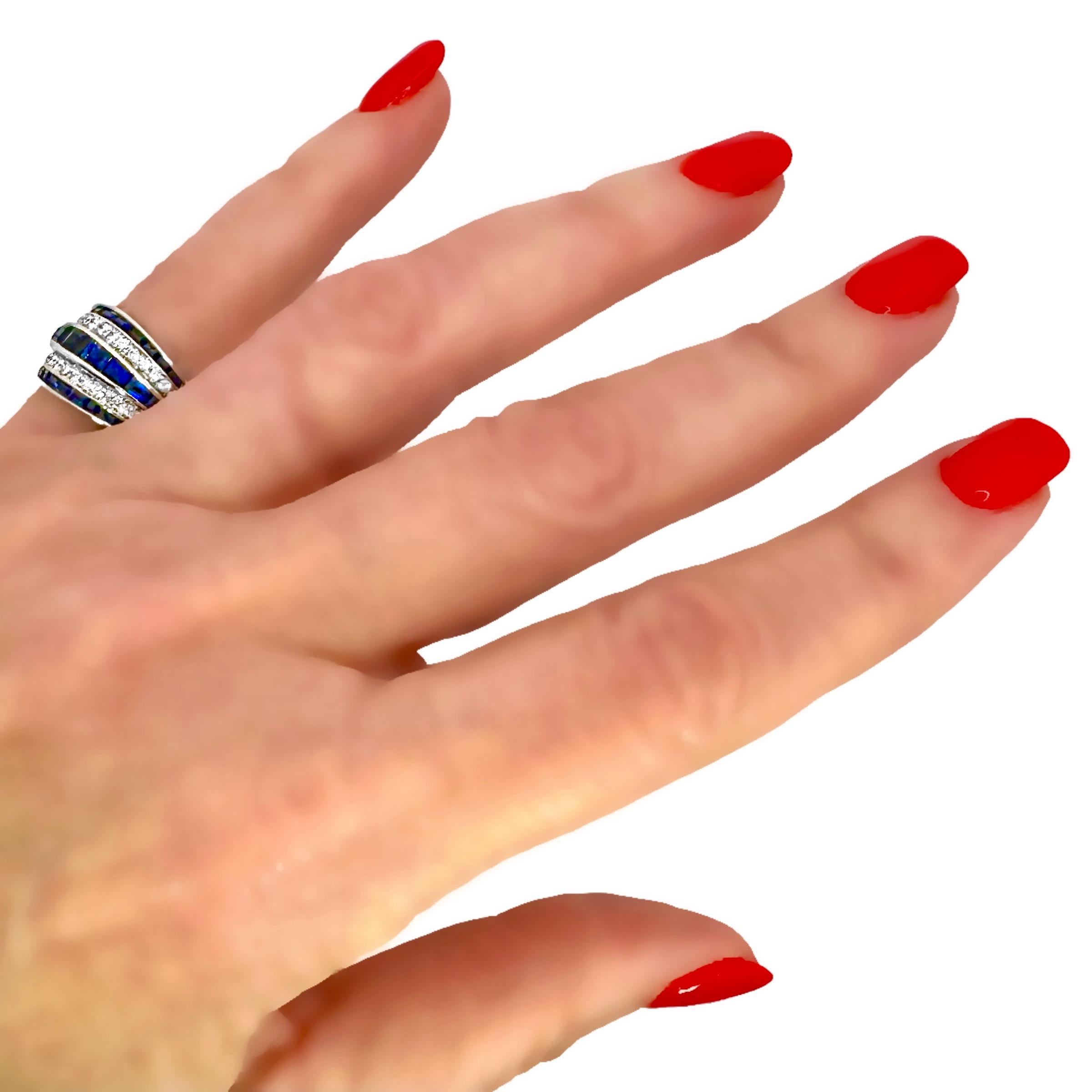 Vintage Platinum Calibre Cut Sapphire and Diamond Slightly Domed Band Ring For Sale 5