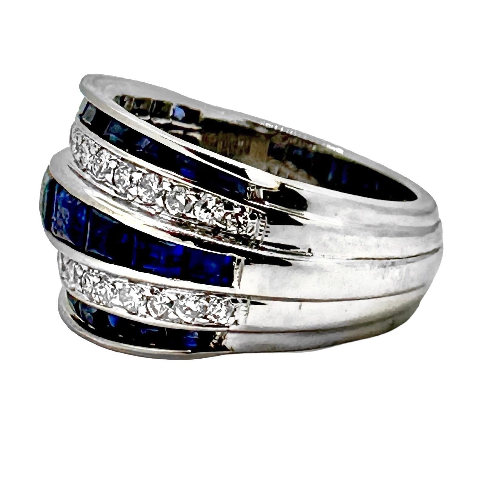 Retro Vintage Platinum Calibre Cut Sapphire and Diamond Slightly Domed Band Ring For Sale