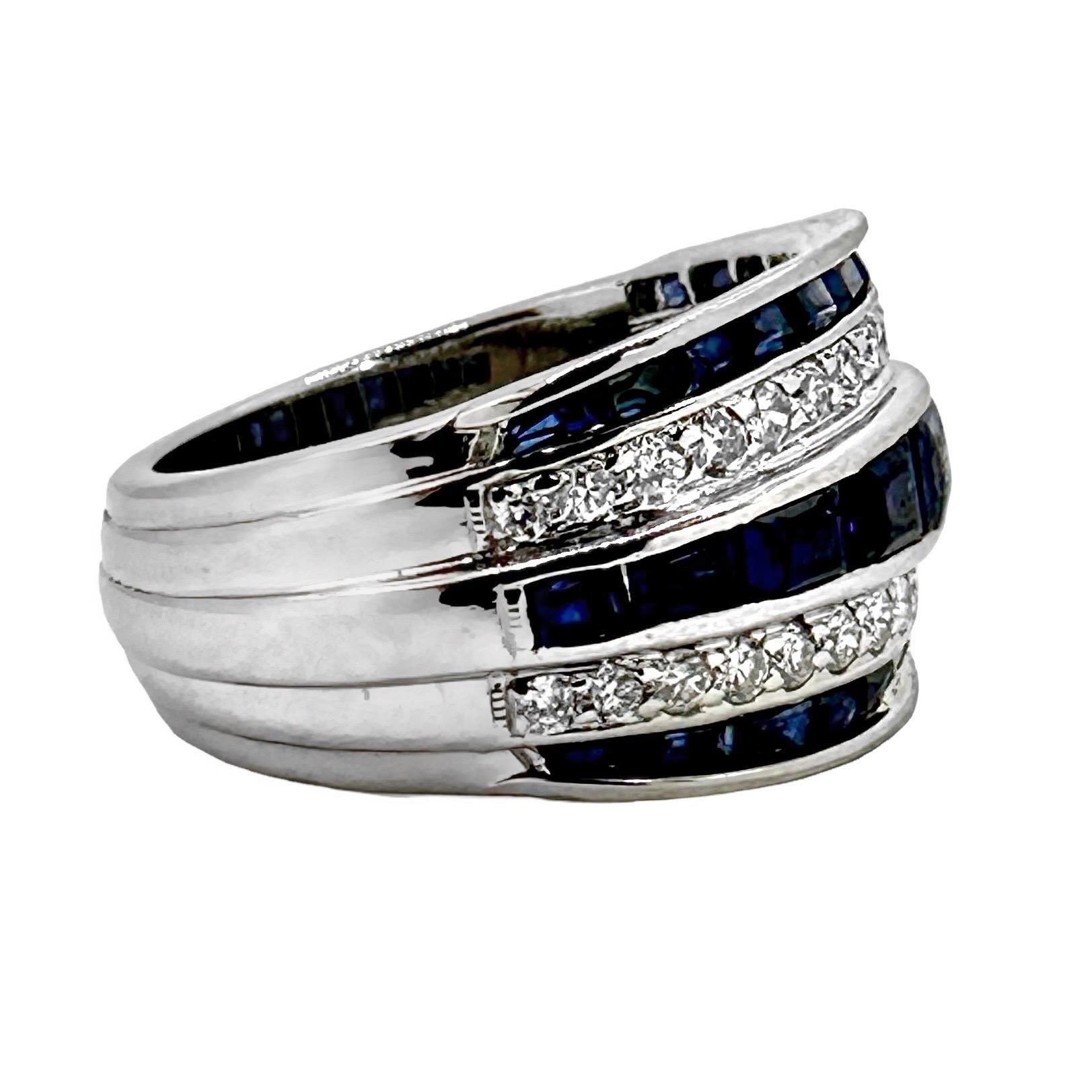 Vintage Platinum Calibre Cut Sapphire and Diamond Slightly Domed Band Ring In Good Condition For Sale In Palm Beach, FL