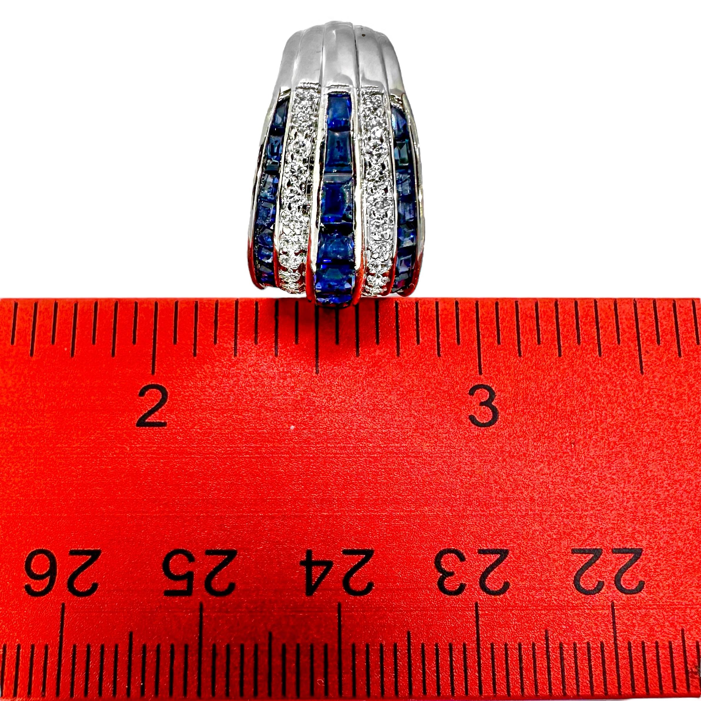 Vintage Platinum Calibre Cut Sapphire and Diamond Slightly Domed Band Ring For Sale 1