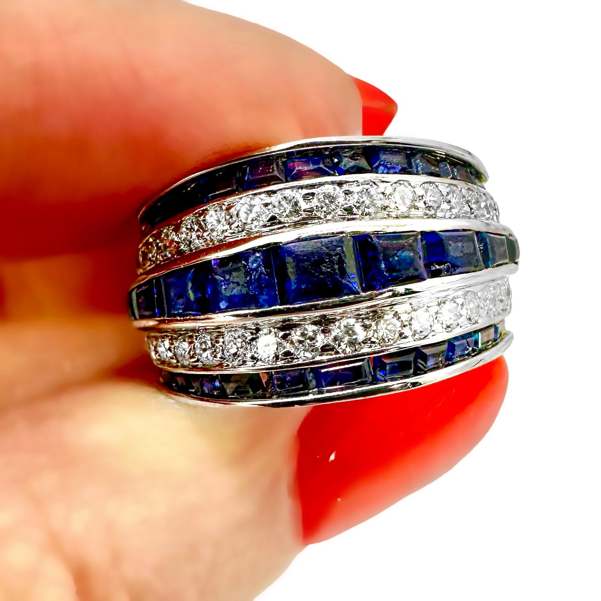 Vintage Platinum Calibre Cut Sapphire and Diamond Slightly Domed Band Ring For Sale 3