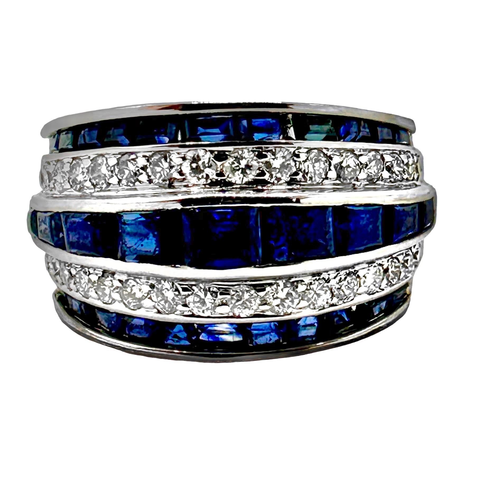 Vintage Platinum Calibre Cut Sapphire and Diamond Slightly Domed Band Ring