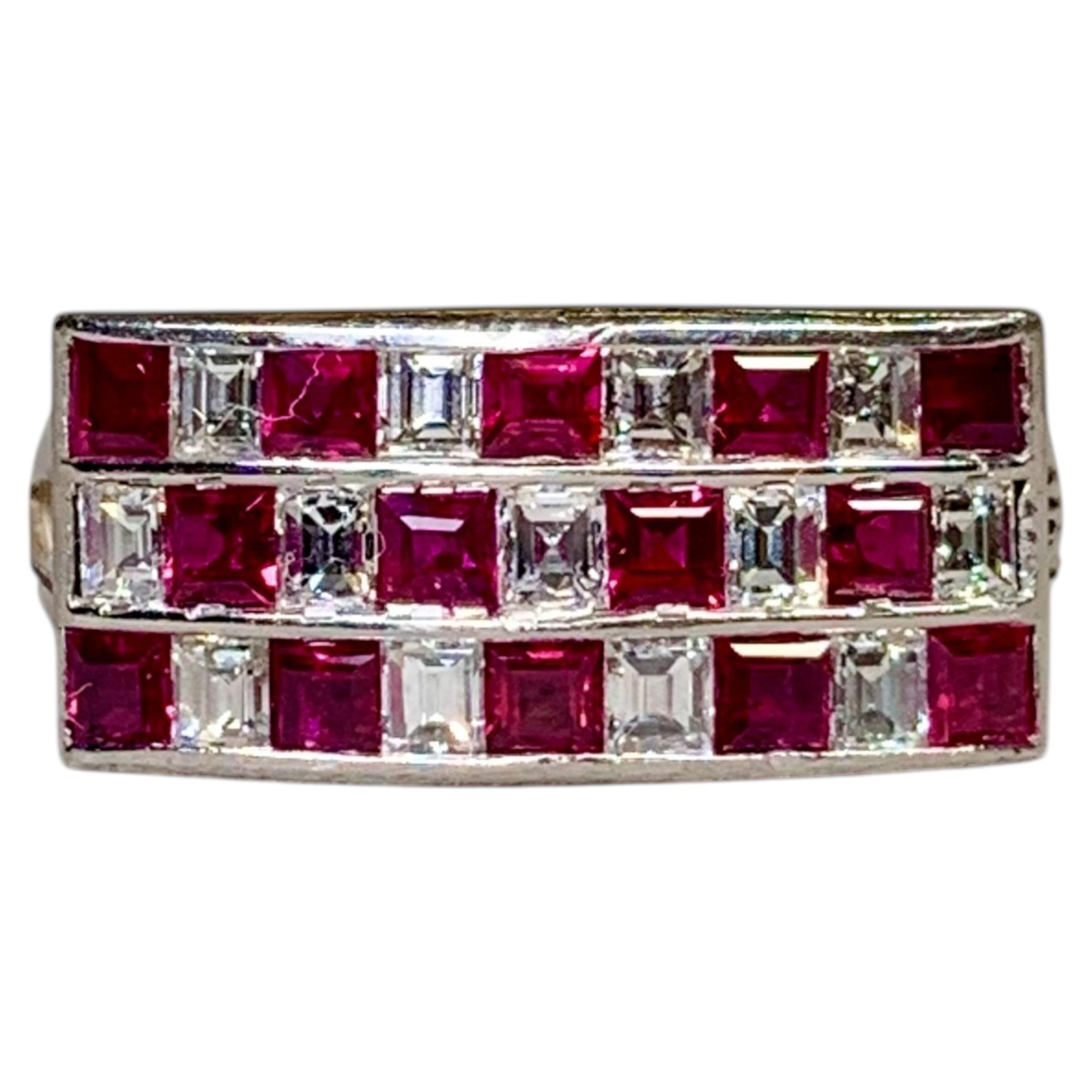 Vintage Platinum Carré Cut Diamond & Vivid Ruby Channel Set Cocktail Ring 2.70ct