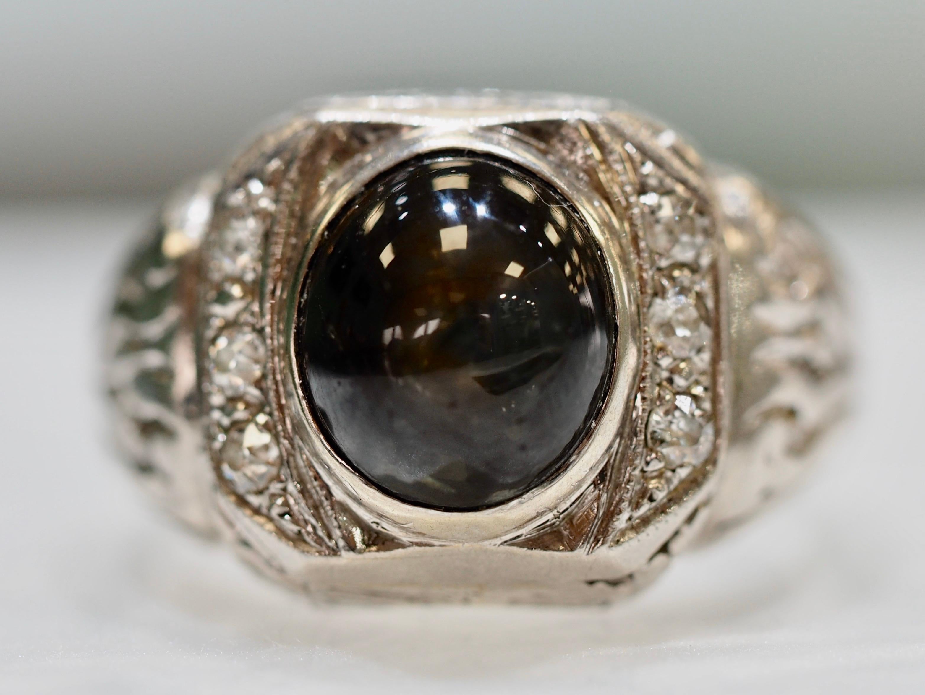 Oval Cut Vintage Platinum Cats Eye Chrysoberyl Diamond Men's Heavy Ring