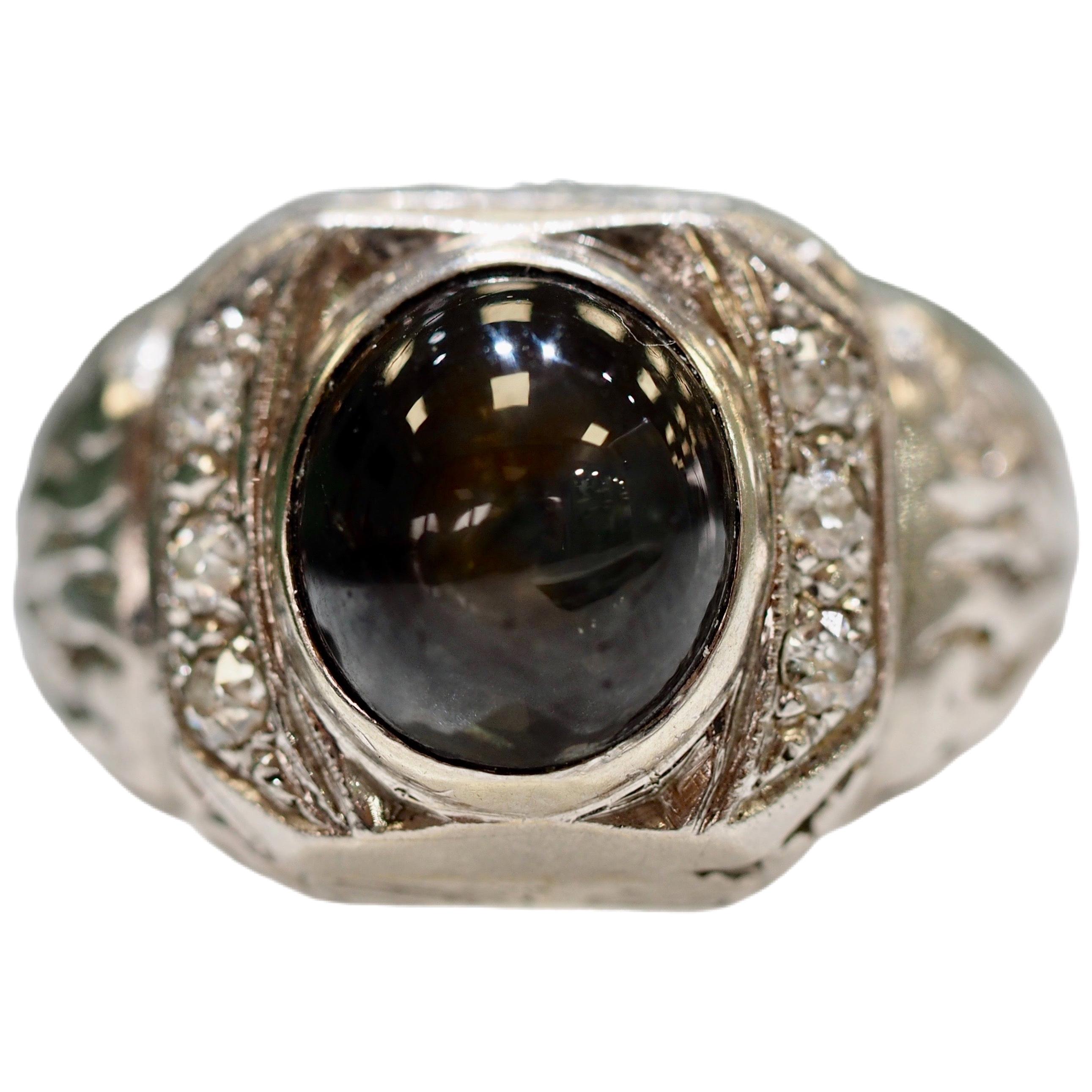 Vintage Platinum Cats Eye Chrysoberyl Diamond Men's Heavy Ring