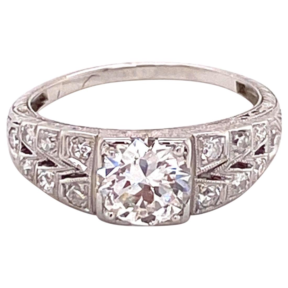 Vintage Platinum circa 1930 .92 Carat European Cut Art Deco Diamond Ring For Sale