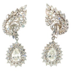 Vintage Platinum Clip-On Dangling Earrings with 8.79 Carat Mixed Diamonds GIA