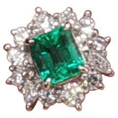 Vintage Platinum Colombian Emerald Diamond Halo Ring Size 6
