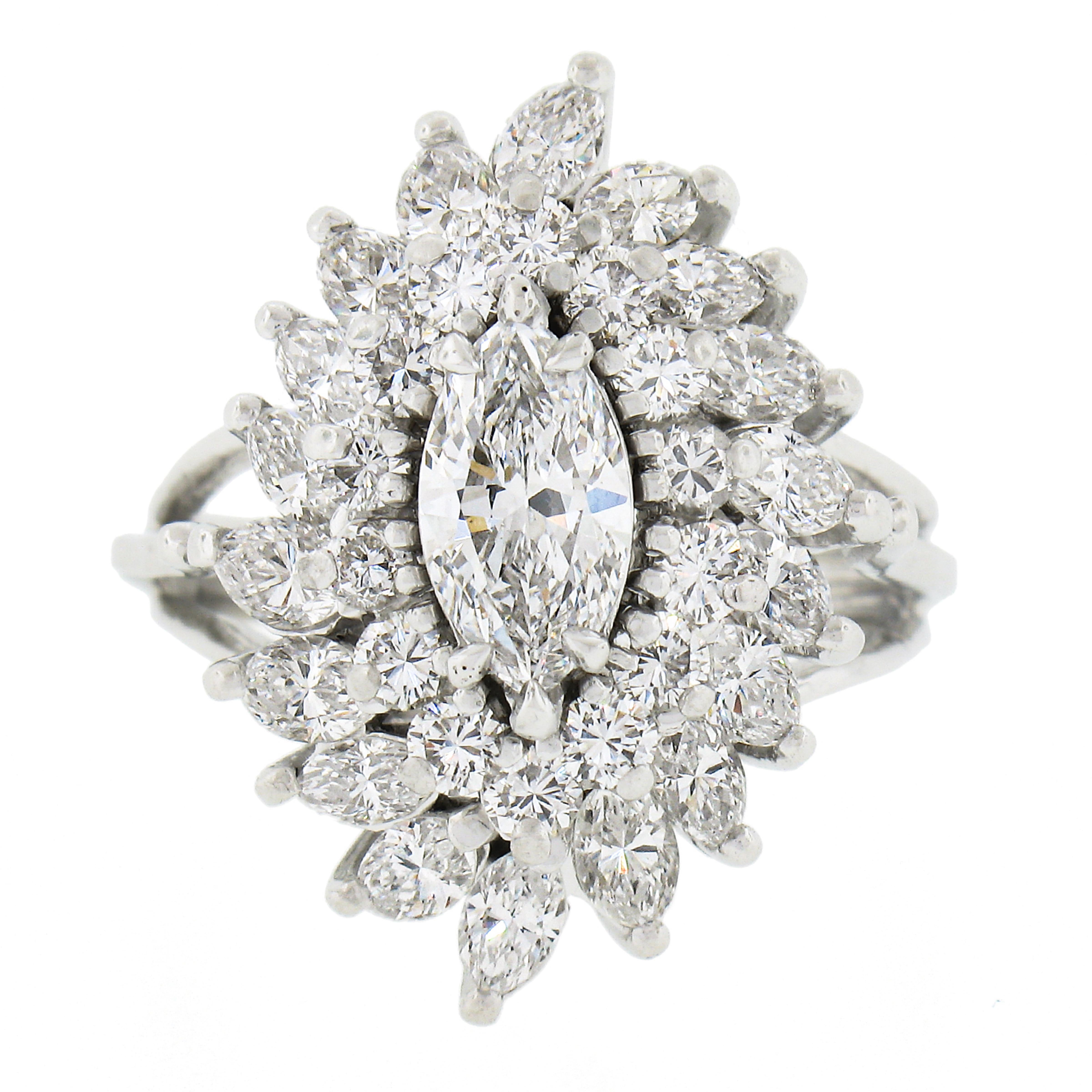 Vintage Platinum D VVS 3.70ctw GIA Marquise Diamond Cocktail Cluster Ring