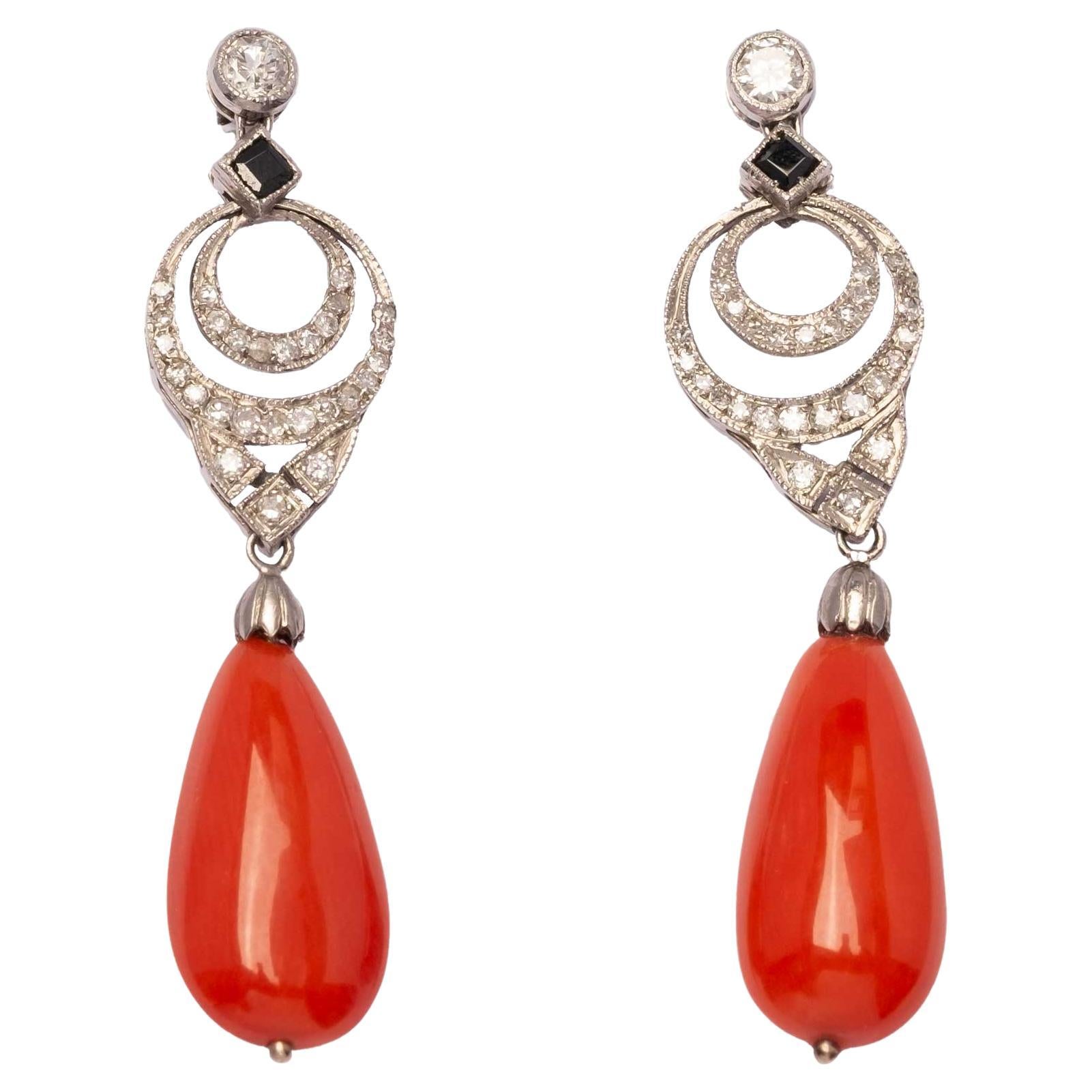 Vintage platinum dangle earrings with diamonds onyx and natural coral