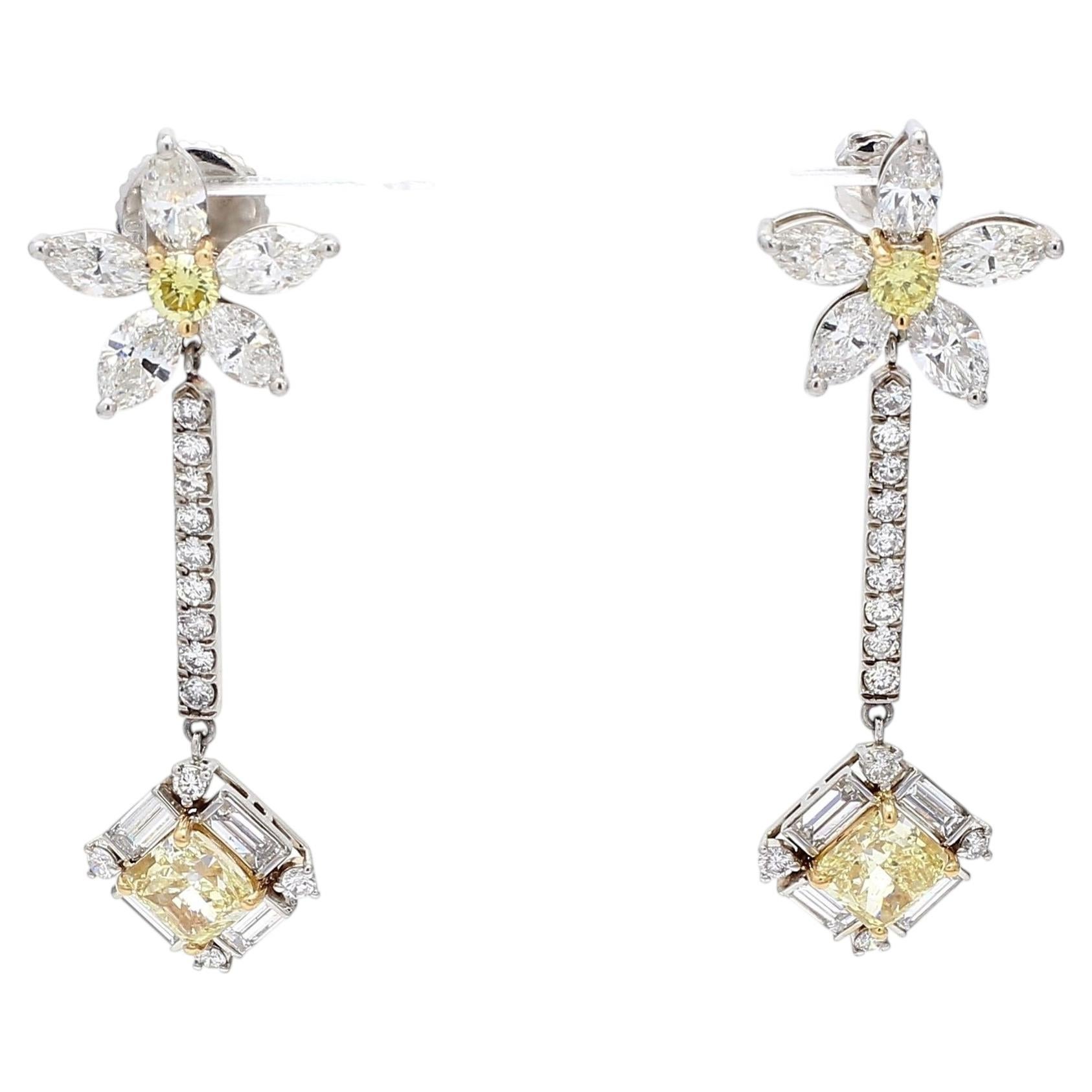 Vintage Platinum Dangling Earrings 6.72 Carat Fancy Yellow Mixed Cut Diamonds For Sale