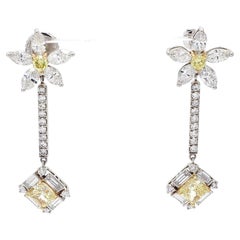 Vintage Platinum Dangling Earrings 6.72 Carat Fancy Yellow Mixed Cut Diamonds