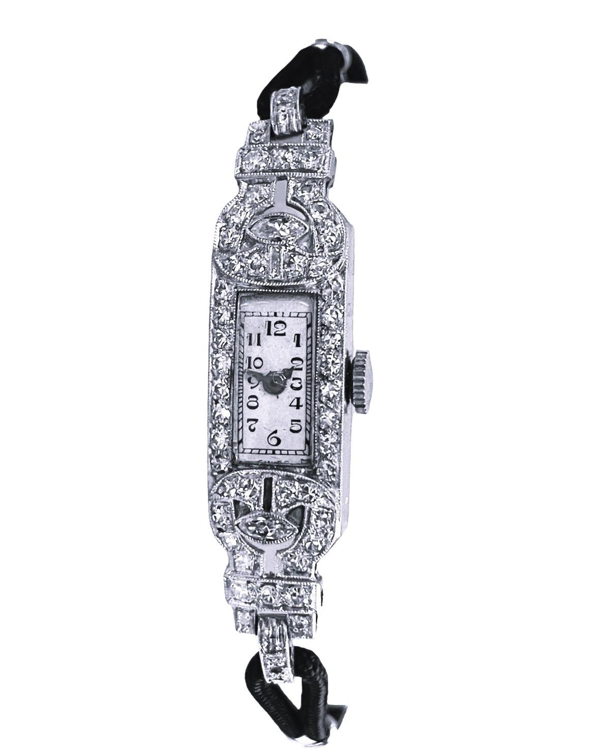 Round Cut Vintage Platinum Diamond 17 Jewel Acoro Wrist Watch Bracelet Working Condition
