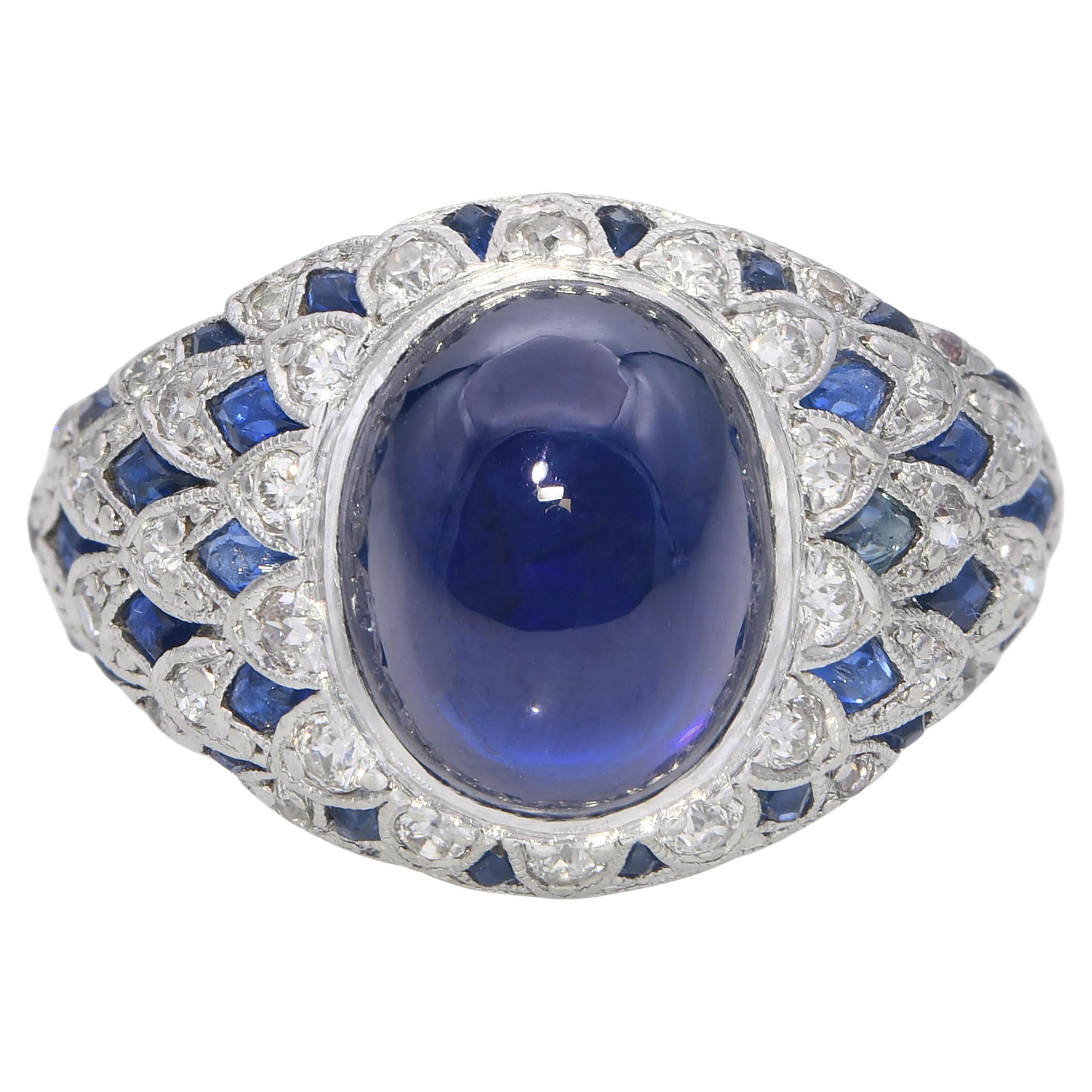 Vintage Platinum GIA 5.28ct Cambodian No Heat Sapphire and Diamond Ring