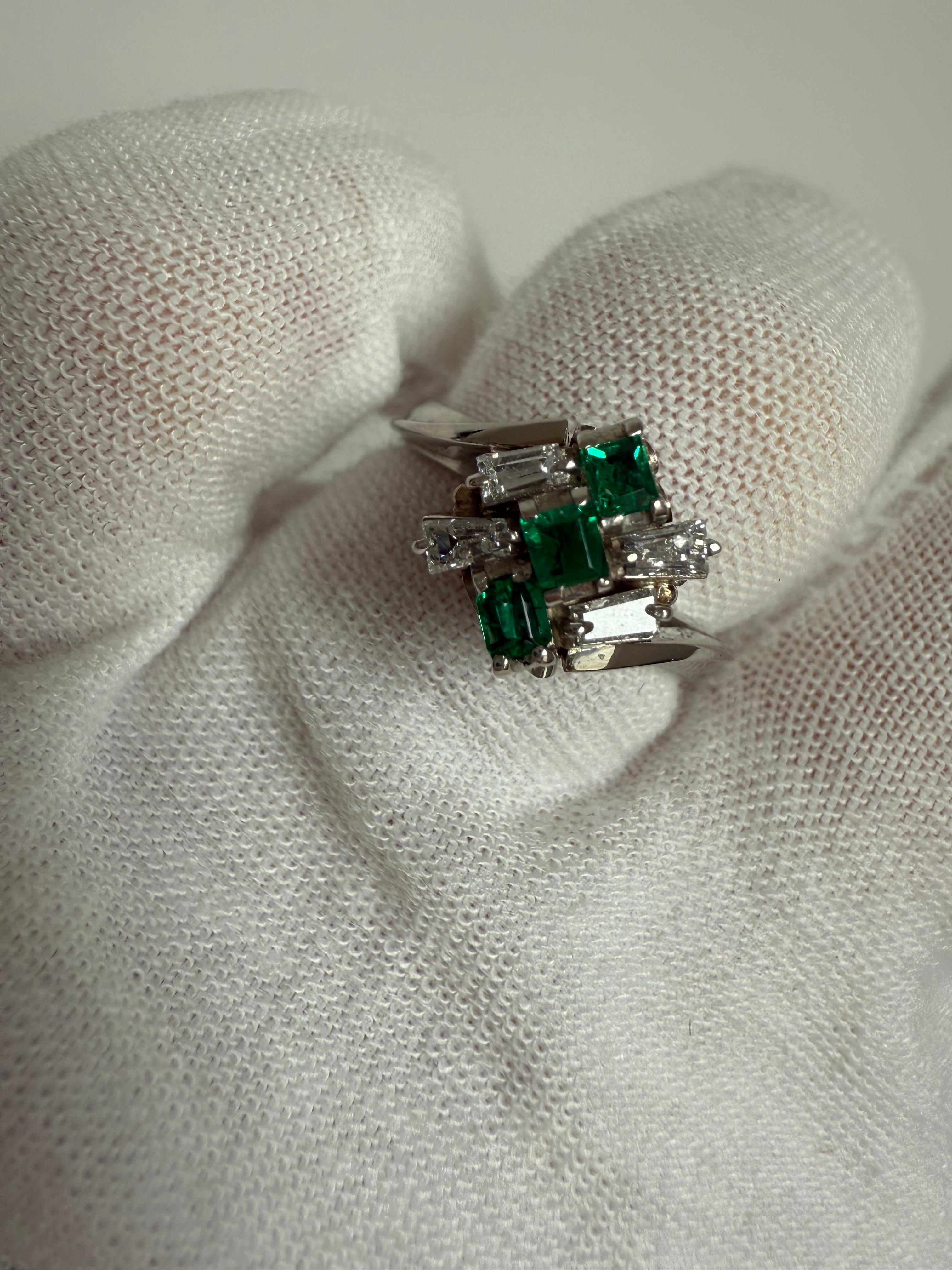 Emerald Cut Vintage Platinum Diamond and Emerald Cluster Ring Engagement Ring. For Sale