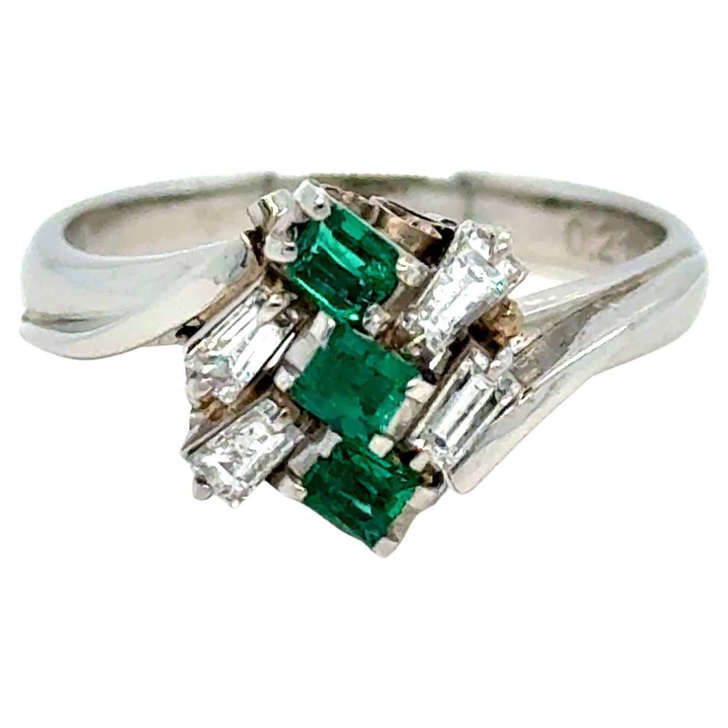 Vintage Platinum Diamond and Emerald Cluster Ring Engagement Ring.
