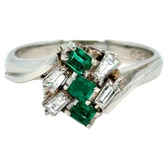 Vintage Platinum Diamond and Emerald Cluster Ring Engagement Ring.