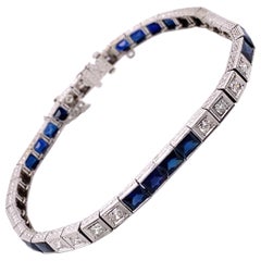 Vintage Platinum Diamond and Lab Created Sapphire Tennis Bracelet