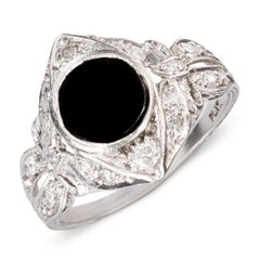 Vintage Platinum Diamond and Onyx Openwork Ring