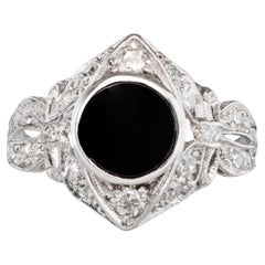 Vintage Platinum Diamond and Onyx Openwork Ring