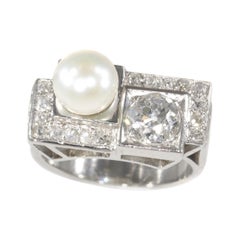 Vintage Platinum Diamond and Pearl Art Deco Engagement Ring, 1930s