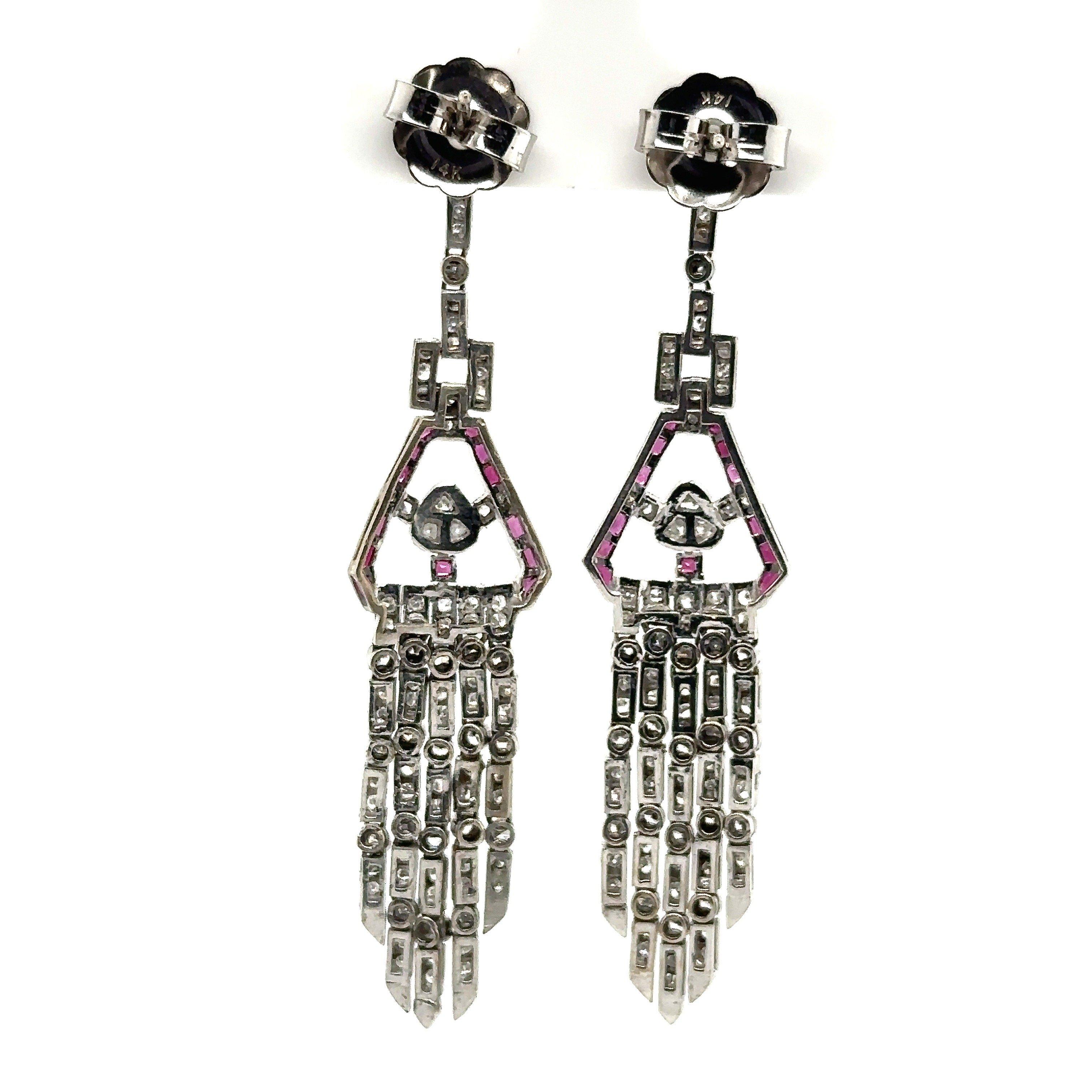 Round Cut Vintage Platinum Diamond and Ruby Chandelier Earrings For Sale