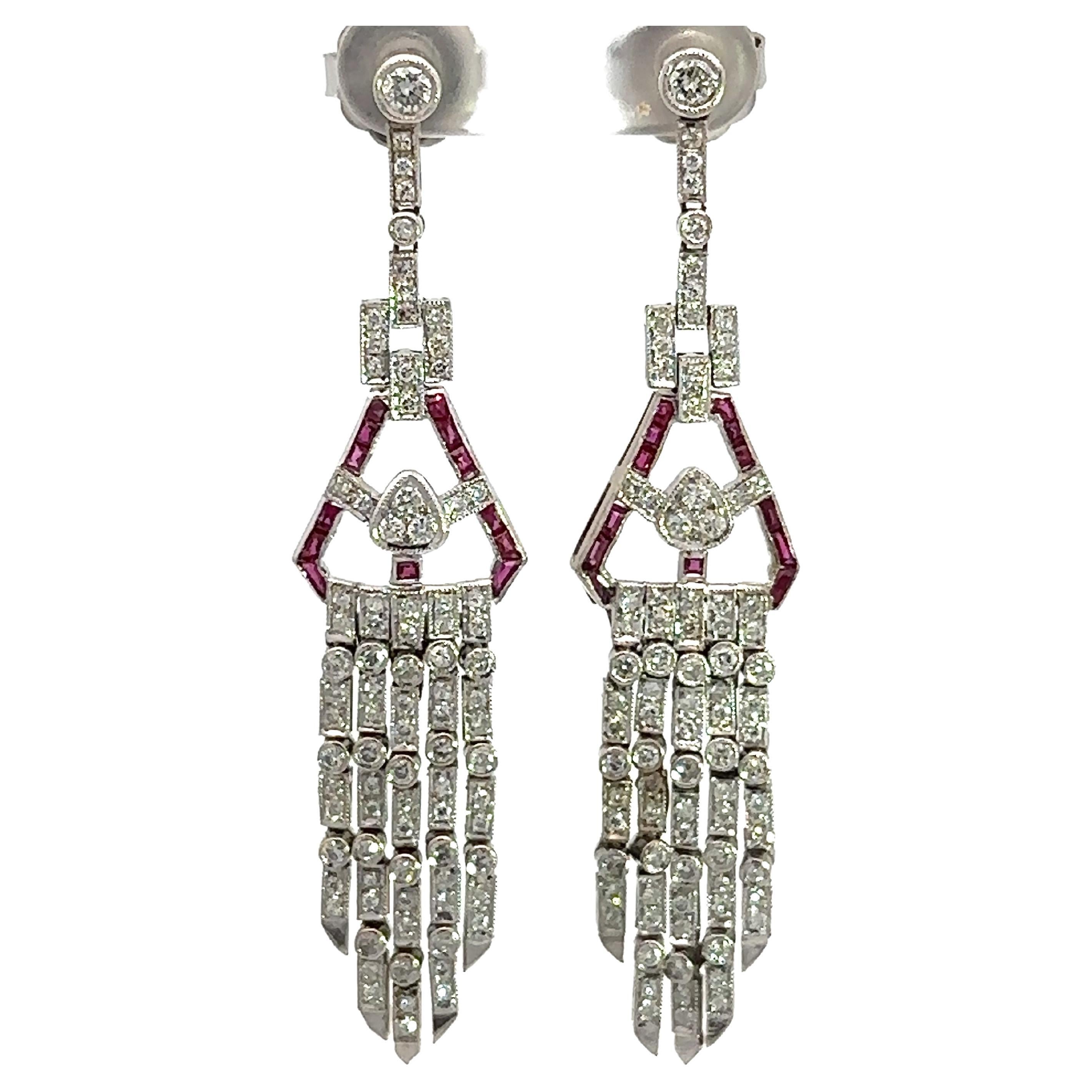 Vintage Platinum Diamond and Ruby Chandelier Earrings For Sale