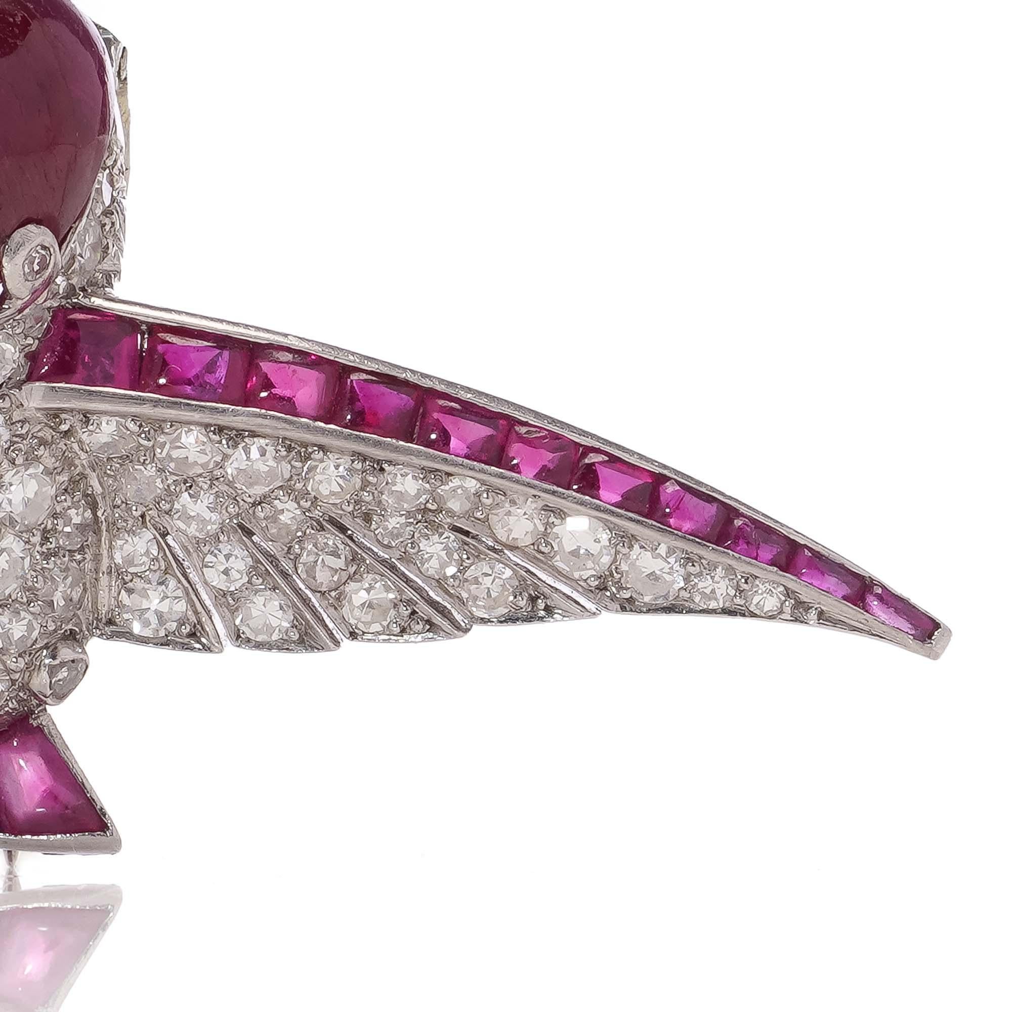 Round Cut Vintage platinum diamond and ruby humming bird brooch. For Sale
