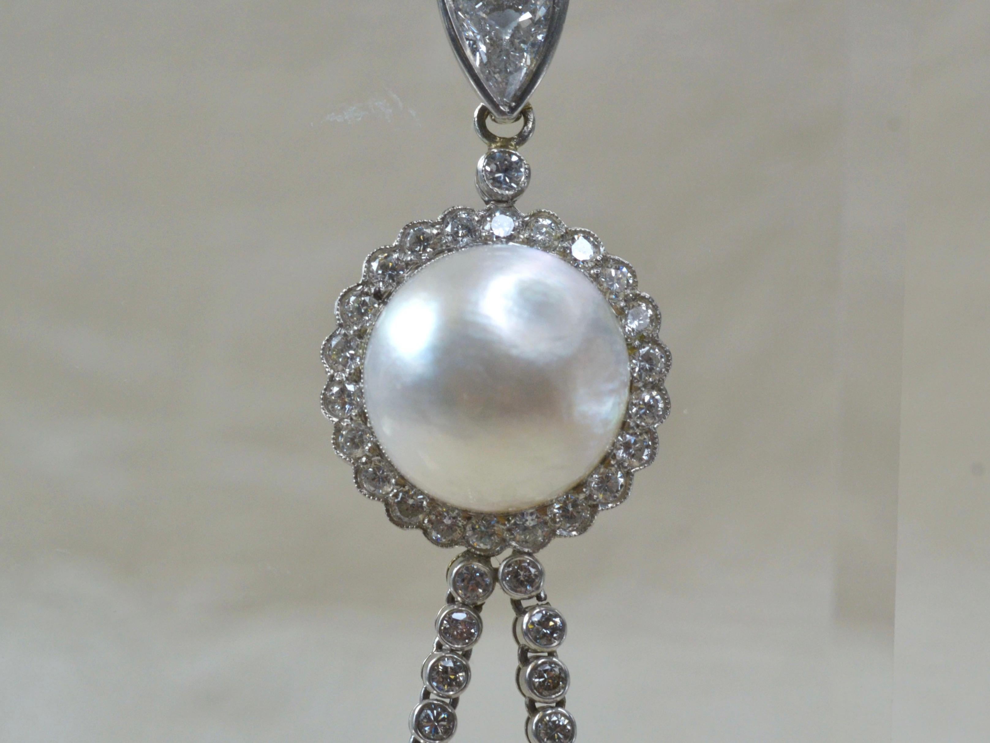 Pendentif vintage en platine, diamants et perles des mers du Sud Excellent état - En vente à London, GB