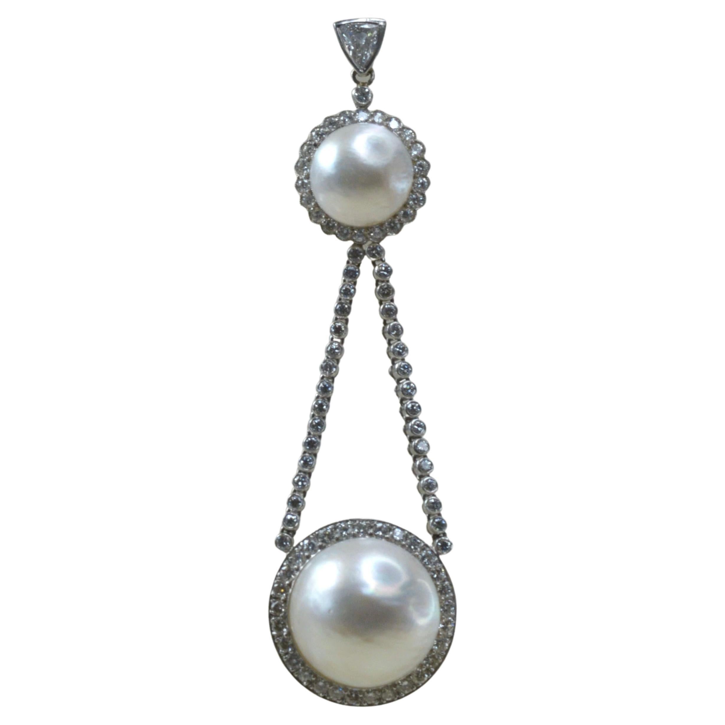 Vintage Platinum, Diamond and South Sea Pearl Pendant For Sale